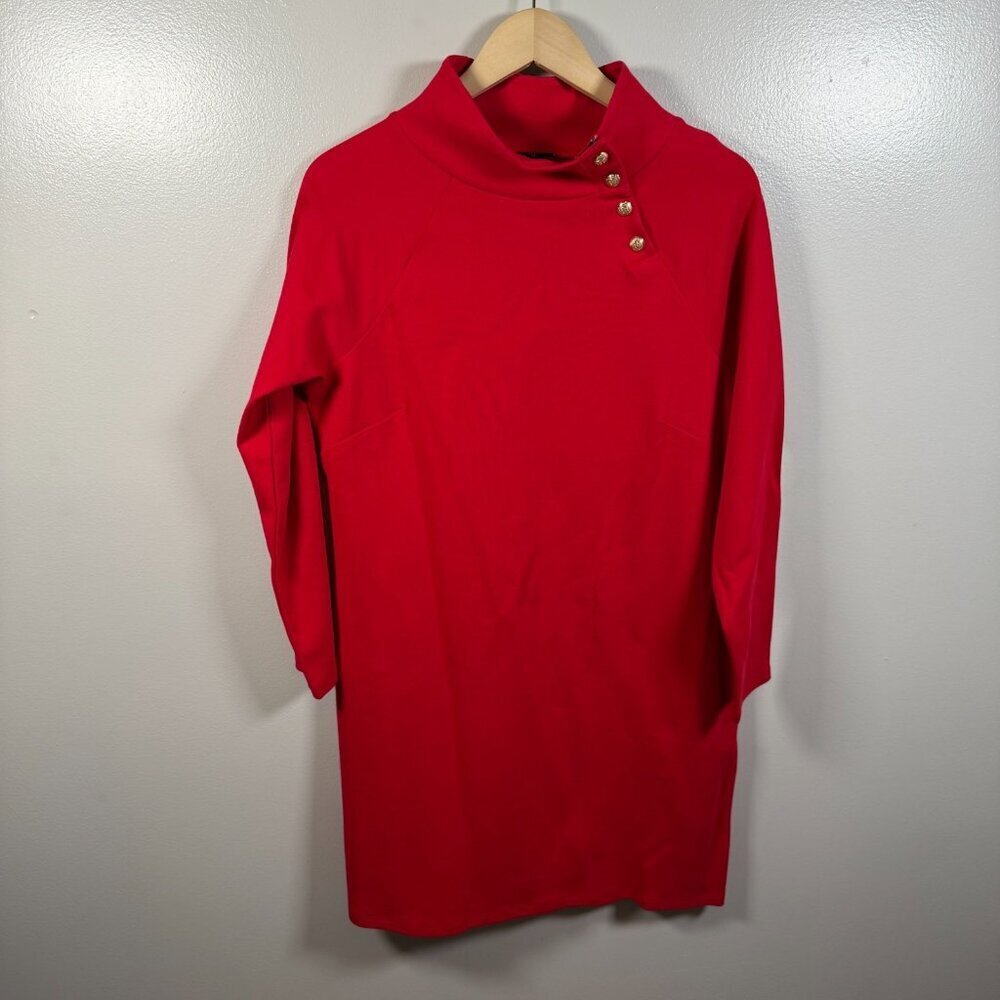 Talbots Fleece Side Button Turtleneck Sweatshirt Dress Size Large Petite Red